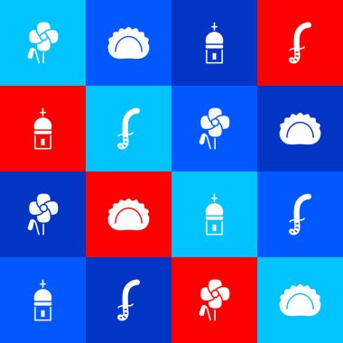 Gelincik çiçeği, hamur tatlısı, kilise kulesi ve ortaçağ kılıç ikonu. Vektör