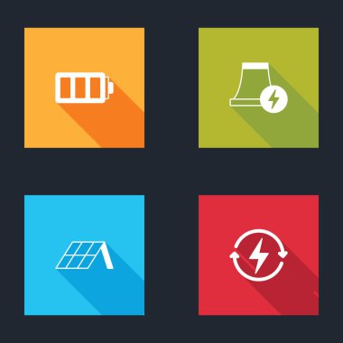 Bataryayı, nükleer santrali, güneş enerjisi panelini ve şarj ikonunu ayarla. Vektör