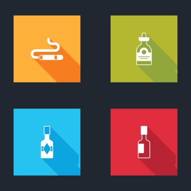 Puro, tekila şişesi, acı sos ve ikon hazırla. Vektör