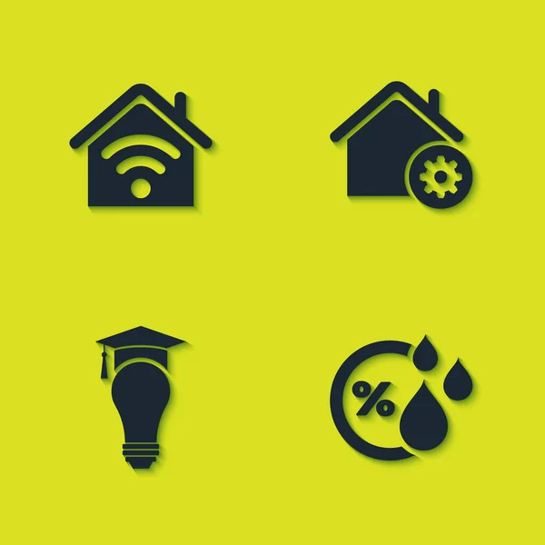 Set Smart home with wi-fi, Humidity, Light bulb and graduation cap and settings icon. Vector — Stock Vector
