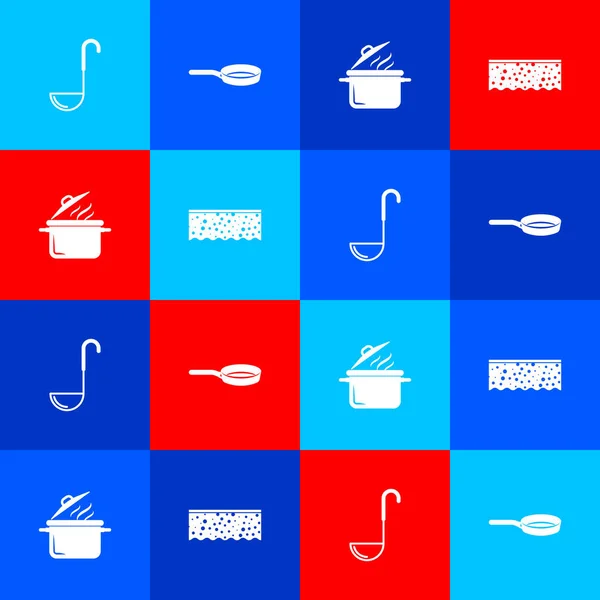 Set cucharón de cocina, sartén, olla de cocina y esponja con burbujas icono. Vector — Vector de stock