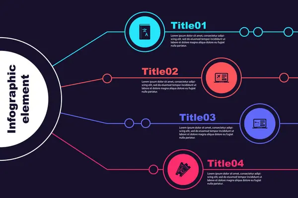 Impostare Traduttore libro, Laptop con biglietto, Prenotazione online hotel e autobus. Modello di infografica aziendale. Vettore — Vettoriale Stock