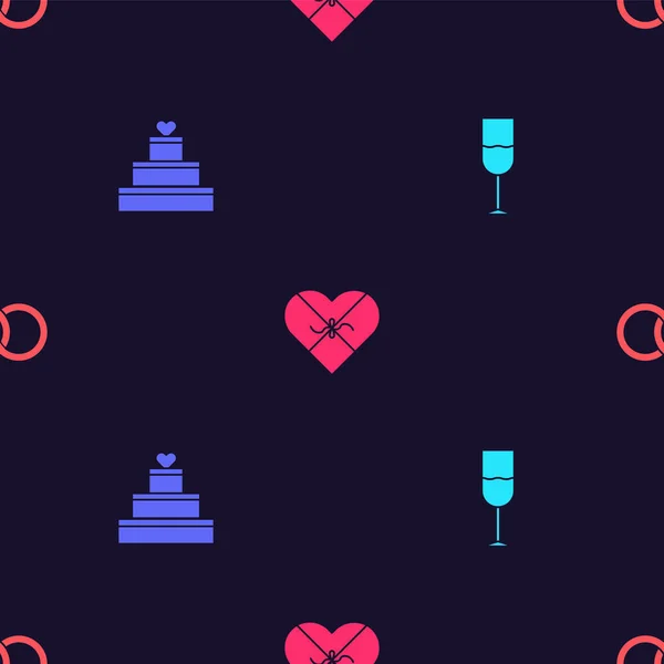 Set Copa de vino, pastel de boda con corazón, caja en forma de caramelo y anillos en patrón sin costuras. Vector — Vector de stock