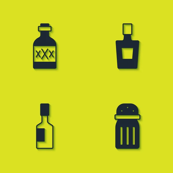 Set Tequila-Flasche, Salz, Tabasco-Sauce und Symbol. Vektor — Stockvektor
