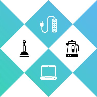 Lastik pompa, dizüstü bilgisayar, elektrik uzantısı ve çaydanlık simgesini ayarla. Vektör