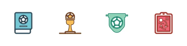 풋볼 러닝 북을 설정하고, 컵 과 축구, 깃발 페넌트와 계획 전략 컨셉 아이콘을 설정 한다. Vector — 스톡 벡터