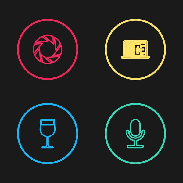 Set line Sklo na víno, Mikrofon, Lékařský klinický záznam a ikona závěrky fotoaparátu. Vektor — Stockový vektor