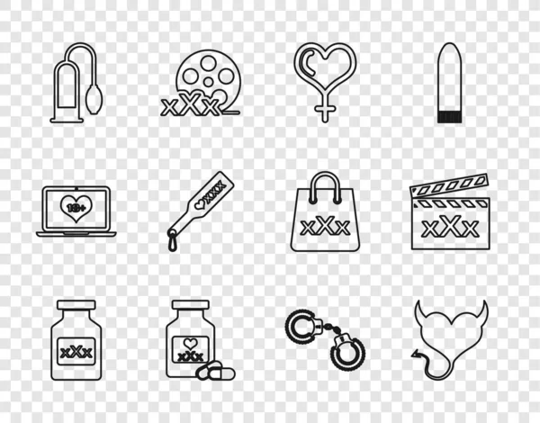 Set line Bottle with pills for potency, Devil heart horns, Female gender and, Penis pump, Spanking paddle, Sexy fluffy handcuffs and Movie clapper icon. Vector — Stockový vektor