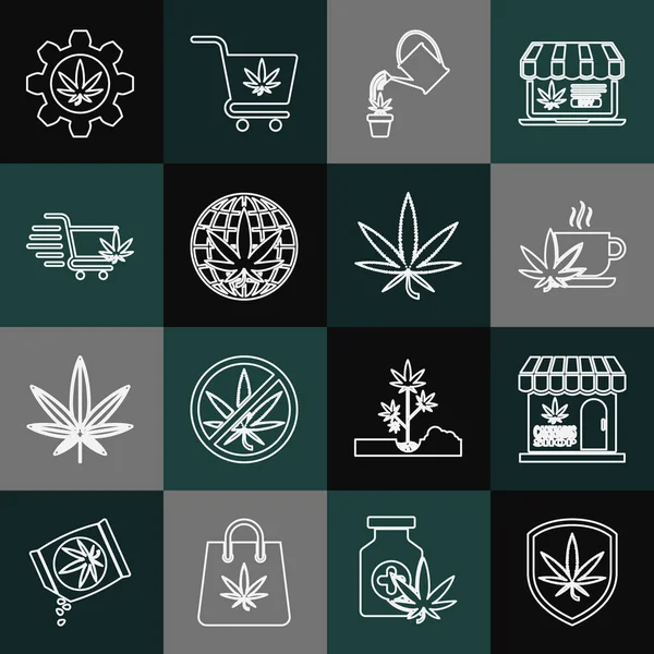 Set hattı kalkanı ve marihuana, marihuana dükkanı, fincanlı çay, sulandırma, yasallaştırma, alışveriş arabası, test tüpü ve yaprak ikonu. Vektör — Stok Vektör