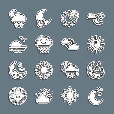 Ay ve yıldızlar, Günbatımı, Güneş tutulması, Yağmurlu Bulut, Ay ve Bulut ikonu. Vektör