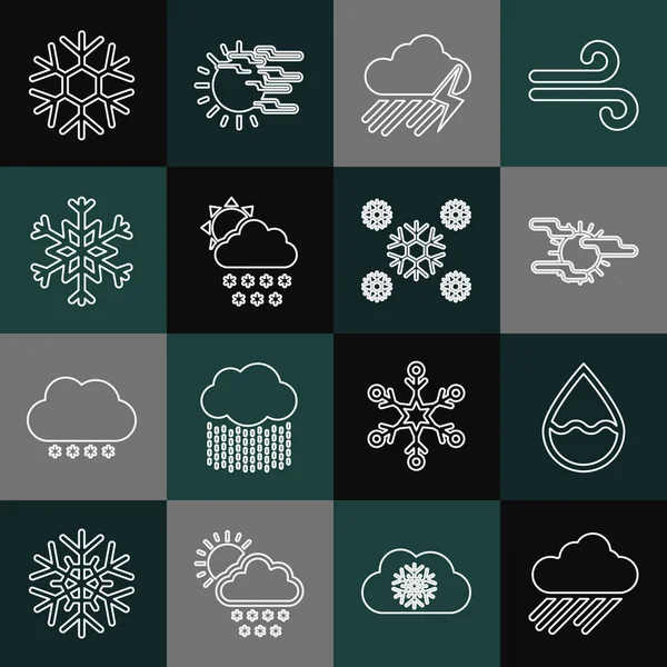 Establecer línea Nube con lluvia, Gota de agua, Niebla y sol, relámpagos, nieve, Copo de nieve, y el icono. Vector — Archivo Imágenes Vectoriales