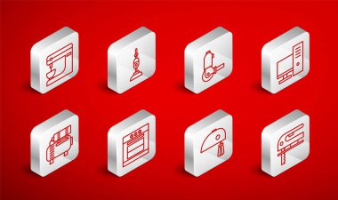 Elektrik testeresi, elektrikli testere, elektrikli süpürge, açılı öğütücü, bilgisayar monitörü, karıştırıcı, fırın ve hava kompresör simgesi. Vektör