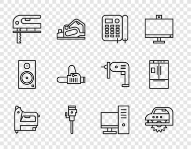 Elektrikli tel zımba, daire testeresi, telefon, inşaat matkabı, yapboz, elektrikli testere, bilgisayar monitörü ve buzdolabı ikonu. Vektör