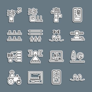 Fabrika, Ağaçlar, Otomatik sulama fıskiyeleri, Ampullü ve bitkili akıllı çiftlik, tarım teknolojisi ve İHA ikonu. Vektör