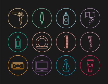 Hat losyon kozmetik tüpü, saç maşası, sprey kutusu aynalı makyaj tozu şampuan şişesi, saç kurutma makinesi, saç fırçası ve kaş cımbızı ikonu. Vektör