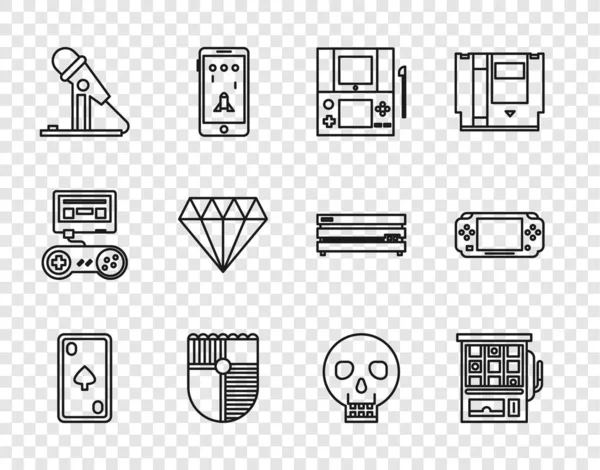 Set line Spielkarte mit Diamanten, Spielautomat, tragbare Videospielkonsole, Schild für, Mikrofon, Diamant, Totenkopf und Symbol. Vektor — Stockvektor