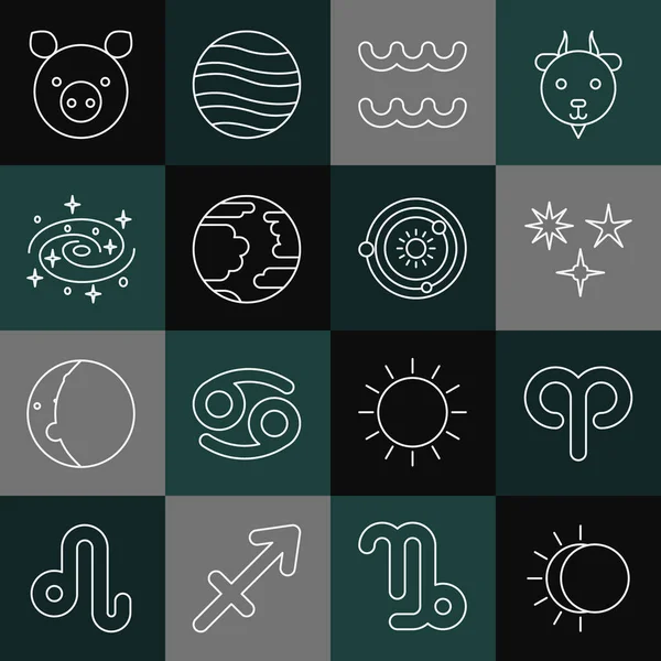 Set line Eclipse of the sun, Aries zodiac, Falling star, Aquarius, Planet Mercury, Milky way spiral galaxy, Pig and Solar system icon. Vector — Stock Vector