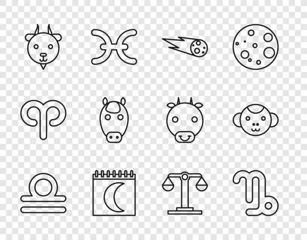 Establecer línea Libra zodíaco, Capricornio, Cometa cayendo rápidamente, Fases lunares calendario, Aries, Caballo, y el icono del mono. Vector — Archivo Imágenes Vectoriales