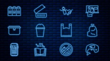 Çevre koruma balinası öldü, çöp torbası, okyanus kirliliği, kağıt cam su, beslenme çantası, çöp tenekeleri düzenlendi, plastik ve simge. Vektör