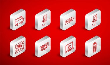 POS terminalini kredi kartı, cüzdan, para, alışveriş arabası dizüstü bilgisayarı, teslimat kamyonu aracı, banka kontrol kalemi ve arama tarayıcı pencere simgesi ile ayarla. Vektör