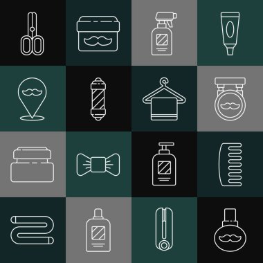 Sabit çizgi sakal ve bıyık bakım yağı şişesi, saç fırçası, berber dükkanı, kuaför tabancası spreyi, klasik direk, makas kuaförü ve havlu askı ikonu. Vektör