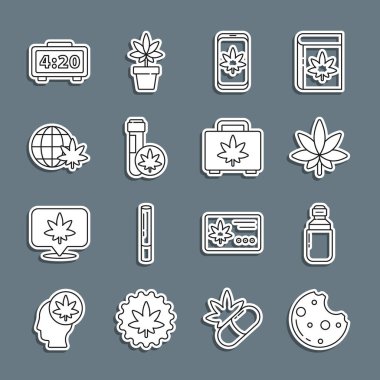 Kurabiyeleri marihuana, marihuana veya kenevir zeytinyağı, yaprak, mobil ve kimyasal test tüpü, küreyi yasallaştırma, dijital alarm saati ve ikon alışveriş kutusu ile donatın. Vektör