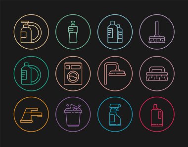 Hat yumuşatıcı, temizlik fırçası, şişe temsilcisi, bulaşık makinesi, bulaşık deterjanı, bulaşık deterjanı, duş başlığı ve ikon. Vektör