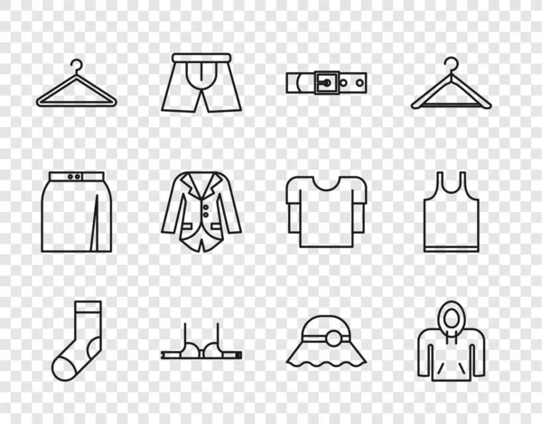 Set line Socks, Hoodie, Leather belt, Bra, Hanger wardrobe, Blazer or jacket, Elegant women hat and Sleeveless T-shirt icon. Vector — Stock Vector