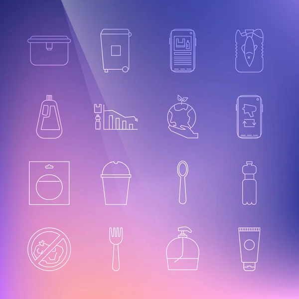 Σετ γραμμή Cream καλλυντικό σωλήνα, μπουκάλι νερό, Megaphone στο κινητό, Σταματήστε την πλαστική ρύπανση, Οικολογία infographic, για πλυντήριο πιάτων υγρό, κουτί γεύμα και χέρι κρατώντας εικονίδιο της Γης σφαίρα. Διάνυσμα — Διανυσματικό Αρχείο