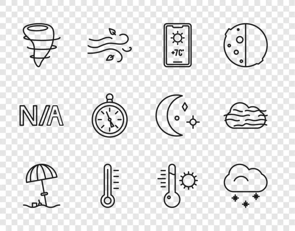 Zon beschermende paraplu voor strand, Wolk met sneeuw, Weersverwachting, Meteorologie thermometer, Tornado, Kompas, en mist en wolk pictogram. Vector — Stockvector