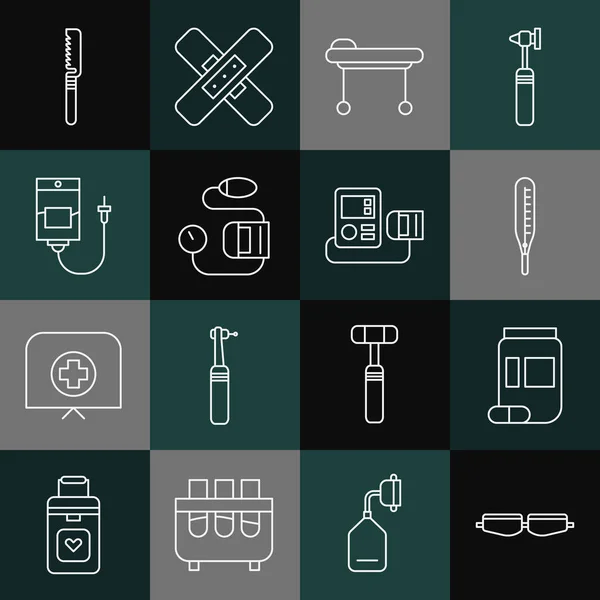 Set line Veiligheidsbril, medicijn fles en pillen, medische thermometer, Stretcher, bloeddruk, infuuszak, zaag en icoon. Vector — Stockvector