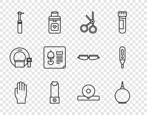 采购产品设置线医用橡胶手套，湿疹，剪刀，吸入器，牙钻，X光拍摄，耳鼻喉反射和数字温度计图标。B.病媒 — 图库矢量图片