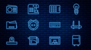 Buzdolabı, Router ve wi-fi sinyali, grafiksel tablet, robot elektrikli süpürge, yazıcı, radyo, klavye ve kahve makinesi simgesini ayarla. Vektör