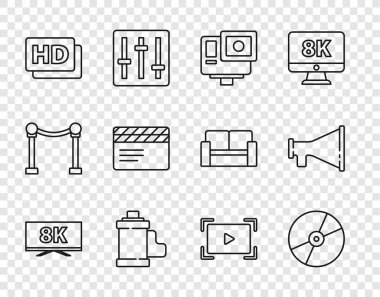 8k, CD veya DVD diski, Action extreme camera, Camera film roll kartuşu, Hd film, bant, çerçeve, Movie clapper, Online play video ve Megaphone ikonu ile line Screen TV 'yi ayarla. Vektör