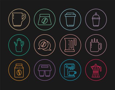 Sırayı ayarla. Kahve fincanı, paket kahve fincanı, sohbet, çaydanlık, elektrikli çaydanlık ve kahve çekirdeği ikonu. Vektör