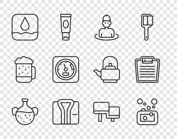 Temel yağ şişesi, sabun, saunadaki adam, bornoz, su damlası, sauna termometresi, ahşap bank ve banyo terazisi ikonu. Vektör — Stok Vektör