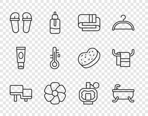 Set line Banc en bois de sauna, baignoire, serviette, fleur, tongs, thermomètre, après-rasage et sur l'icône du cintre. Vecteur — Image vectorielle