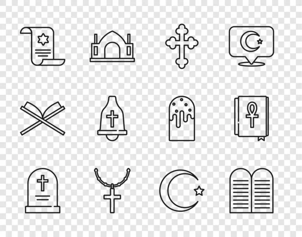 Establecer línea lápida con cruz, Los mandamientos, Cristiano, cadena, Torá scroll, campana de la iglesia, Creciente estrella y Cruz ankh icono del libro. Vector — Vector de stock