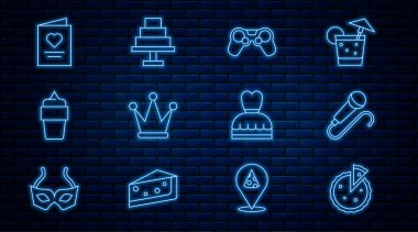 Ev yapımı turta, mikrofon, av evi, taç, waffle külahında dondurma, kalpli kartpostal, kadın elbisesi ve pasta ikonu. Vektör