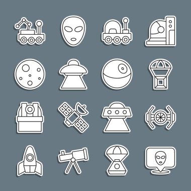 Uzaylı, Kozmik Gemi, Paraşütle uçan Kutu, Mars gezgini, UFO uzay gemisi, Gezegen ve ikon. Vektör