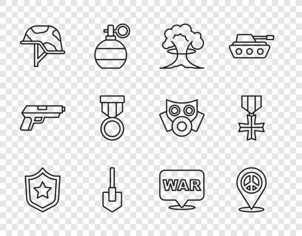 ライン警察バッジ、場所の平和、核爆発、シャベル、軍事用ヘルメット、報酬メダル、単語とアイコンを設定します。ベクトル — ストックベクタ