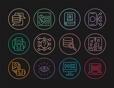 Hat sinirsel ağını, yapay zeka yapay zekasını, robotu, sunucuyu, veriyi ve bilgisayar api arayüzü simgesini ayarla. Vektör