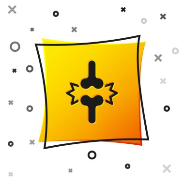 Siyah eklem ağrısı, beyaz arka planda izole edilmiş diz ağrısı ikonu. Ortopedik sağlık. Eklem ve kemik hastalıkları, eklem iltihabı. Sarı kare düğme. Vektör