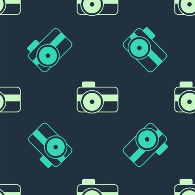 Dalgıç simgesi için yeşil ve bej fotoğraf makinesi mavi arkaplandaki kusursuz deseni izole etti. Fotoğraf makinesi simgesi. Su altı ekipmanları. Vektör