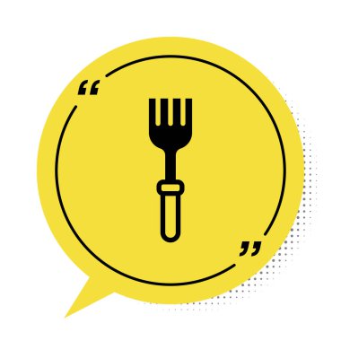 Siyah Çatal simgesi beyaz arkaplanda izole edildi. Çatal bıçak sembolü. Sarı konuşma balonu sembolü. Vektör