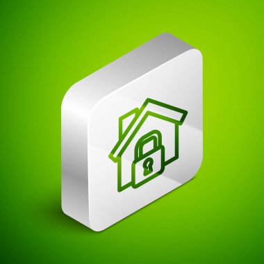 Yeşil arka planda izole edilmiş Isometric Line House koruma simgesi altında. Eve git ve kilitle. Koruma, güvenlik, güvenlik, koruma, savunma konsepti. Gümüş kare düğme. Vektör