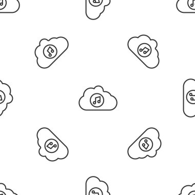 Gri çizgi müzik servis simgesi beyaz arka planda izole edilmiş kusursuz desen. Ses bulutları, çevrimiçi medya yayınları, şarkı, ses dalgaları. Vektör