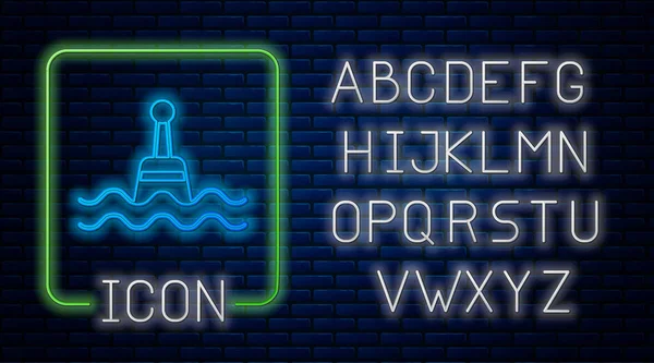 Gloeiende neon Zwevende boei op het zee-icoon geïsoleerd op bakstenen muur achtergrond. Neon licht alfabet. Vector — Stockvector