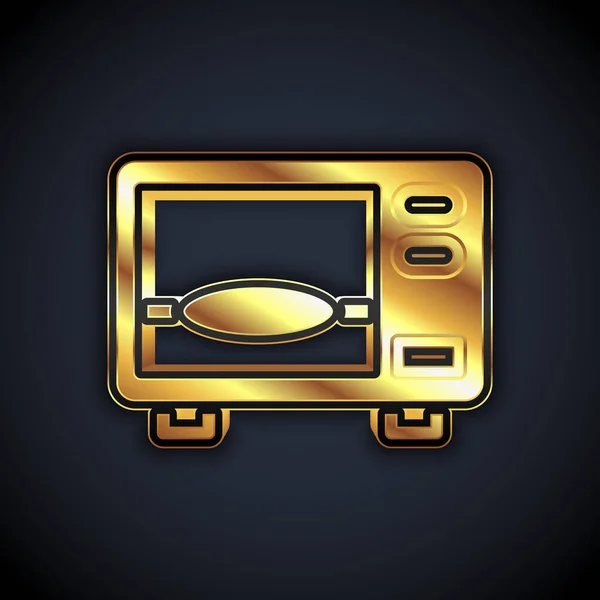 Gold Micmicrowave oven icon isolated on black background. Значок бытовой техники. Вектор — стоковый вектор