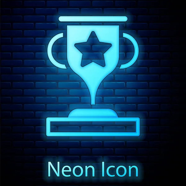 Glowing neon Award cup icon isolated on brick wall background. Winner trophy symbol. Championship or competition trophy. Sports achievement sign. Vector — Stock Vector